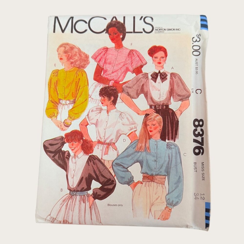 Vintage 1980s McCalls Sewing Pattern 8376 Misses Blouse Size 12 Bust 34 Uncut